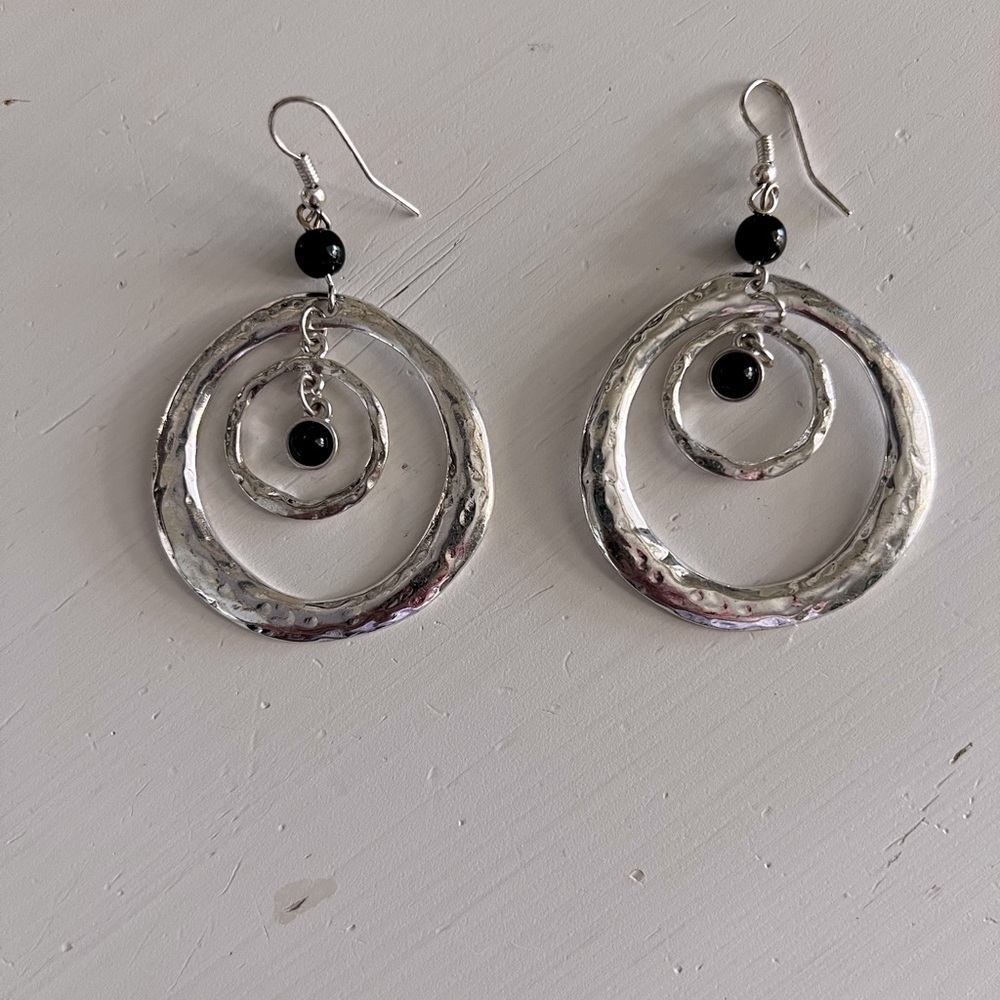 Silver n black stone double loop earrings